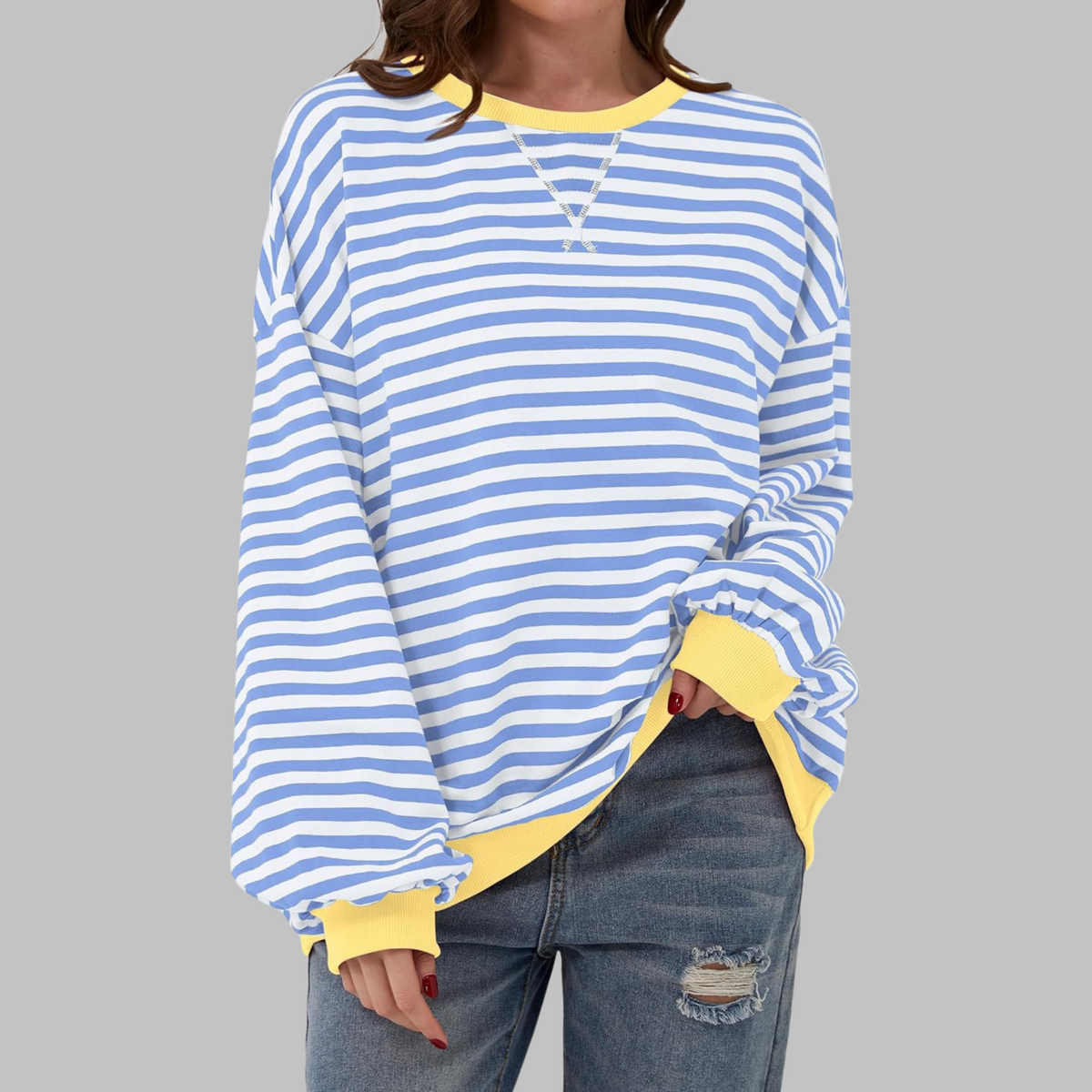 Inés | Sudadera de Rayas Mujer Manga Larga Cuello Redondo Oversize