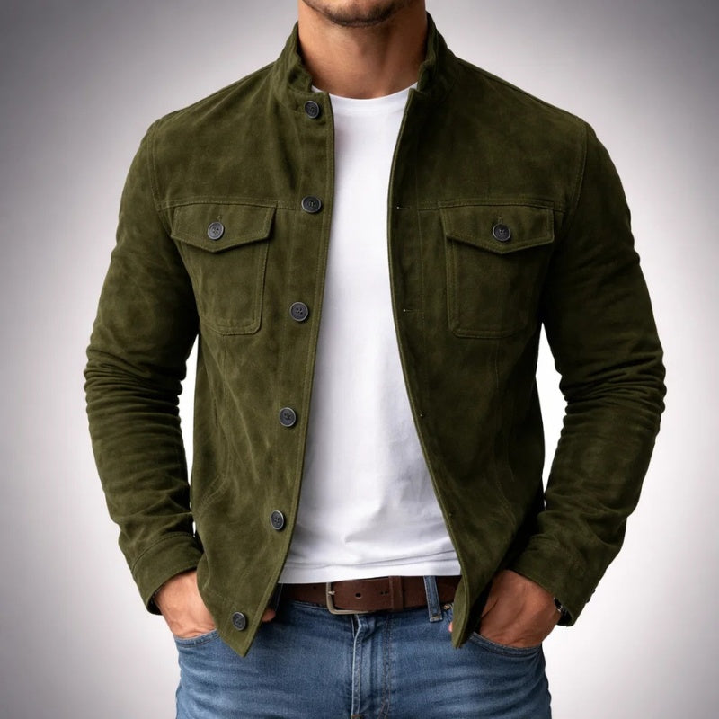 Elías | Chaqueta Militar de Ante Hombre Cuello Mao Bolsillos