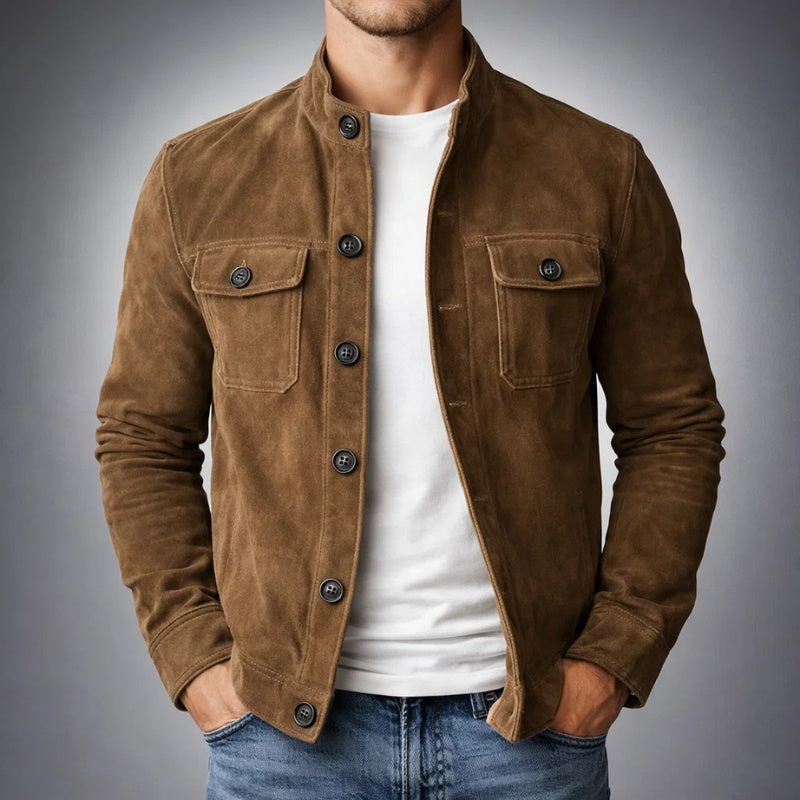Elías | Chaqueta Militar de Ante Hombre Cuello Mao Bolsillos