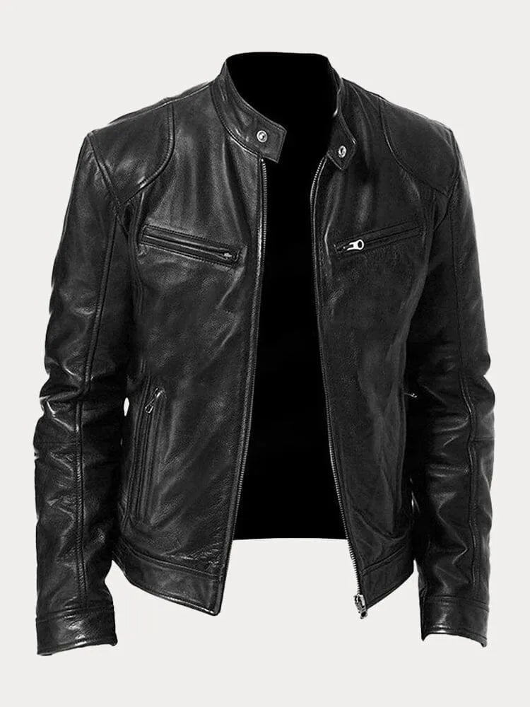 Celia | Chaqueta de Cuero Biker Mujer Cuello Mao Cremalleras