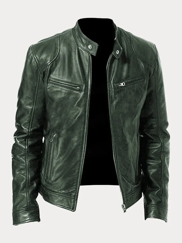 Celia | Chaqueta de Cuero Biker Mujer Cuello Mao Cremalleras