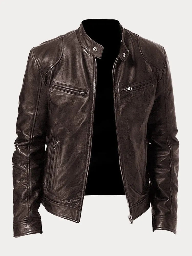 Celia | Chaqueta de Cuero Biker Mujer Cuello Mao Cremalleras