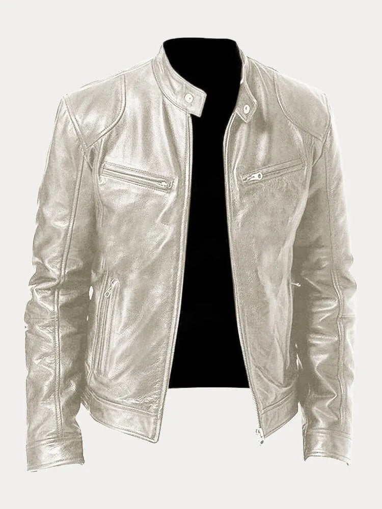 Celia | Chaqueta de Cuero Biker Mujer Cuello Mao Cremalleras