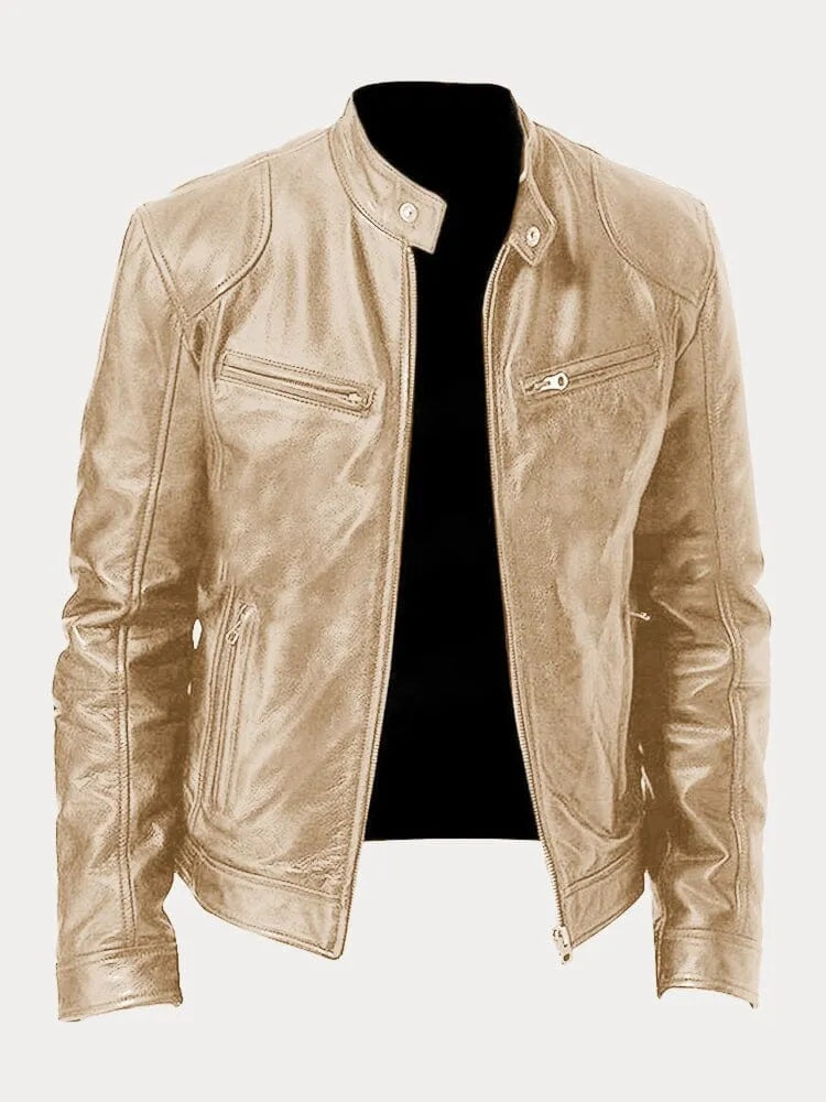 Celia | Chaqueta de Cuero Biker Mujer Cuello Mao Cremalleras