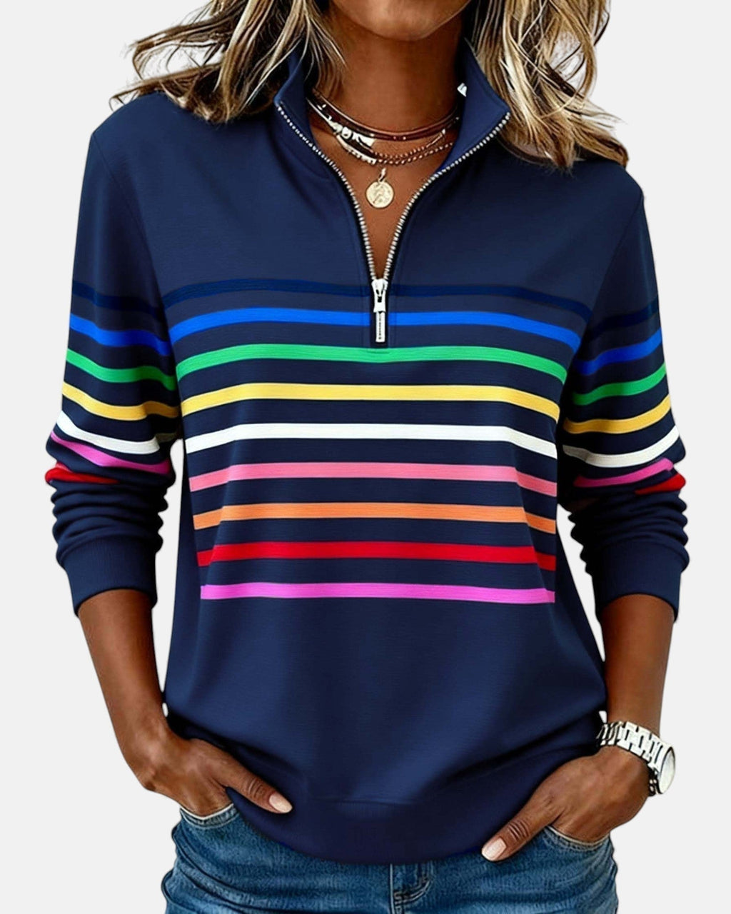 Ariadna | Sudadera de Rayas Mujer Cuello Cremallera Manga Larga
