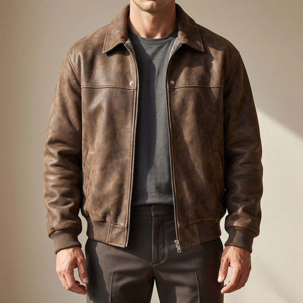 Saúl | Cazadora de Piel Hombre Bomber Cuello Solapa