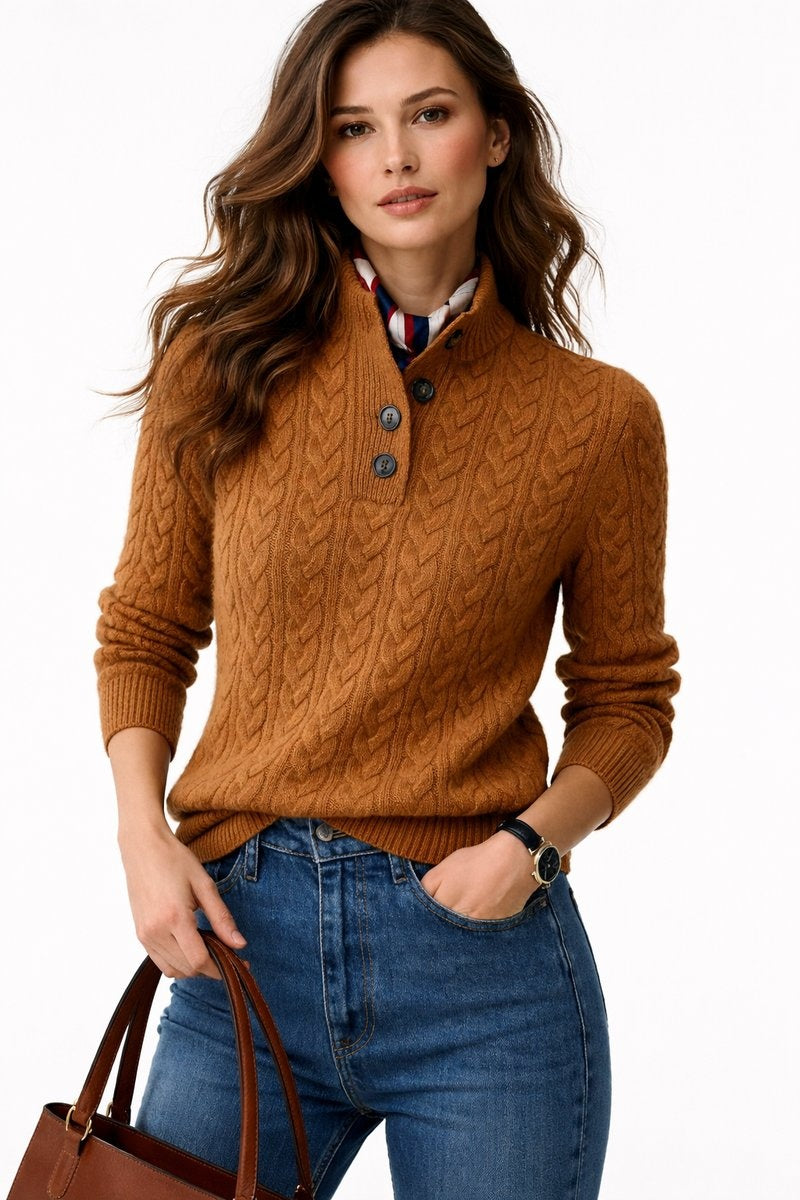 Alicia | Jersey de Mezcla de Lana con Trenzas Mujer Cuello Alto Botonera