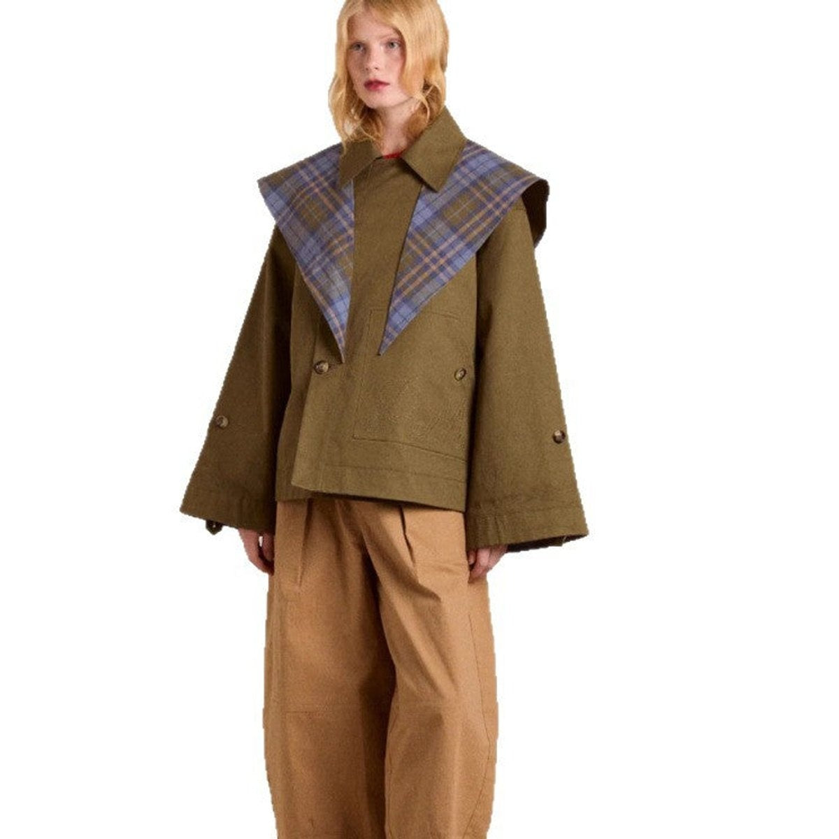 Uxue | Gabardina Corta Mujer Oversized Forro Escocés Doble Botonadura